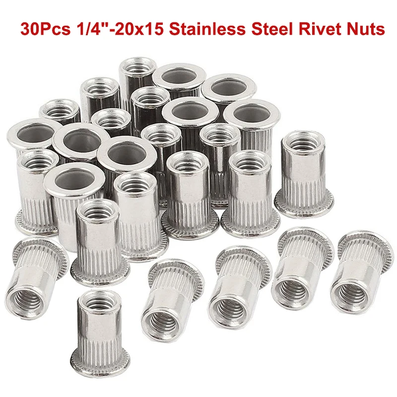 

30Pcs 1/4-20 Stainless Steel Rivet Nuts UNC SAE 15mm Length Threaded Insert Rivnuts Flat Head Knurled Inserts Nuts