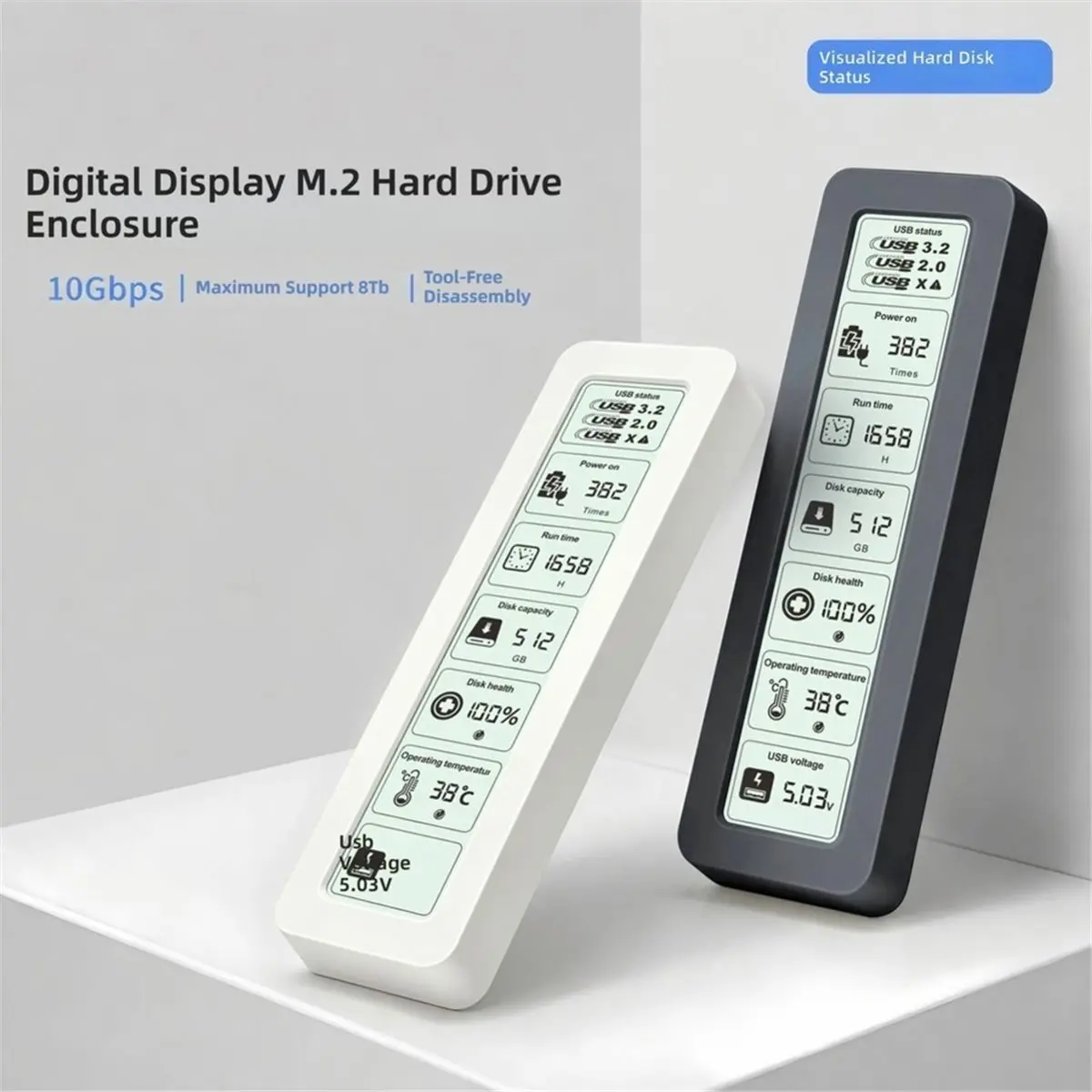 M.2 SSD Case NVME SATA SSD Enclosure 10Gbps M.2 to USB 3.2 Type C Intelligent Digital Display External SSD Box Black