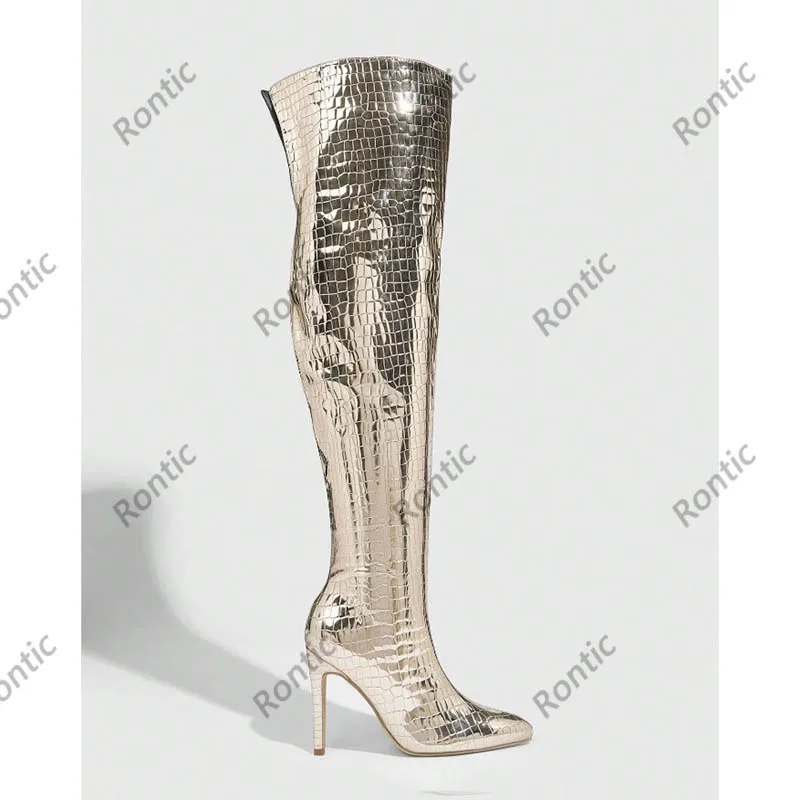 Rontic Women's Handmade Gold Over-the-Knee Boots - Artisanal Craftsmanship for Bold, Statement-Making Style Shoes US Size 5-16