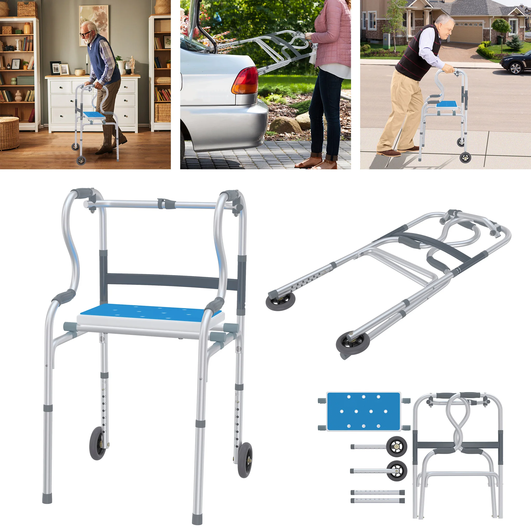 Aide à la marche pour personnes âgées, déambulateur pliable avec 2 roulettes pivotantes, stable, aide à la marche réglable en hauteur, déambulateur adulte en aluminium, capacité jusqu'à 180 kg