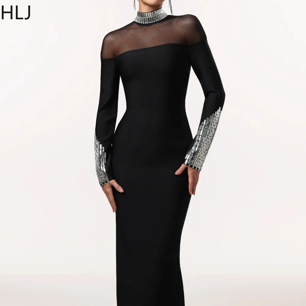 

HLJ Sexy Rhinestone Patchwork Bodycon Dresses for Woman High Neck See Through Long Sleeves Dress Female Streetwear Vestidos New