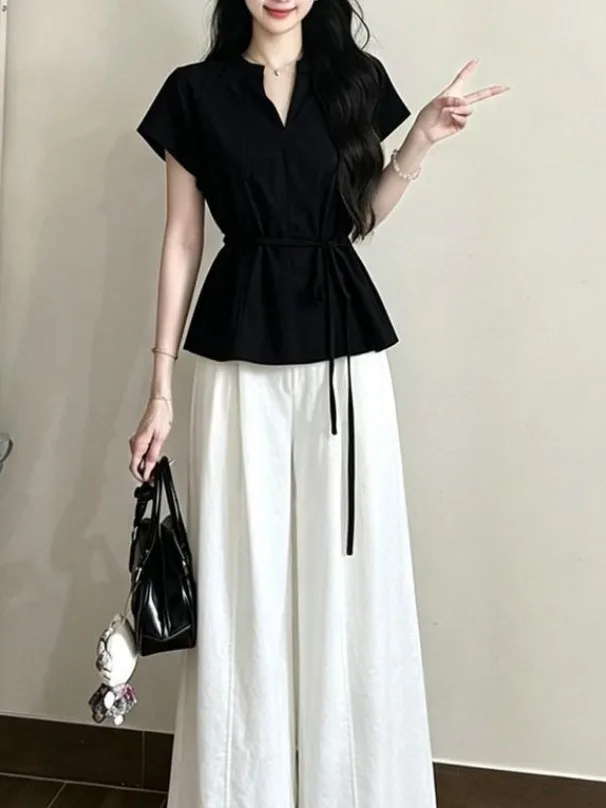 

plus Size Two-Piece Set High Waist Belted Casual Pants Black Slimming Top Street Style New Chinese National Trend plus MM