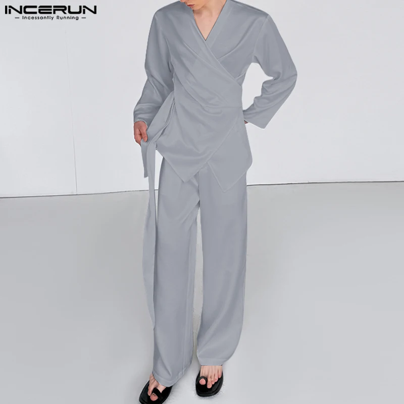 

INCERUN Мужские комплекты, однотонная рубашка и брюки нестандартной формы с длинными рукавами, комплекты из двух предметов, свободная уличная одежда, модные мужские повседневные костюмы 2025 года