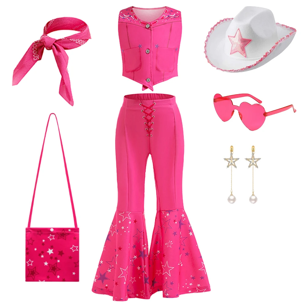 Barbi Movie Costume Pink Clothes set Baby Girl Top and Flared Trousers Suit Toddler Children Carnival Birthday Party Clothing