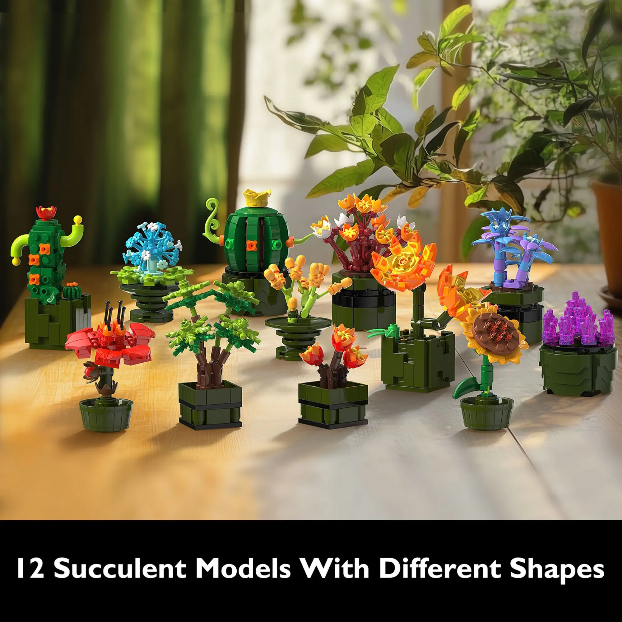 987PCS 12-in-1 Succulent Plant Building Blocks Botanical Flower Bonsai Potted Desktop Decoration DIY Bricks Toys for Adult Gifts