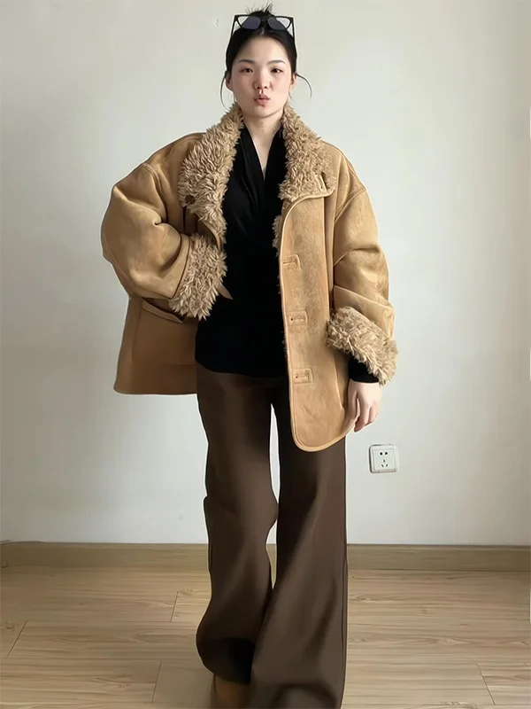Retro American Thickened Lamb Fur Jacket Women's Autumn Winter New Style Motorcycle Clothes Two-Sided Wear Leather And Fur In...