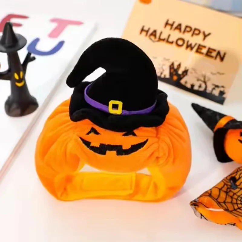 Halloween-Kürbis-Plüsch-Haustierhut – süßer, gewebter, warmer Kopfschmuck für Katzen und Hunde, als Kostümzubehör für Kätzchen und Welpen. – Detail 1