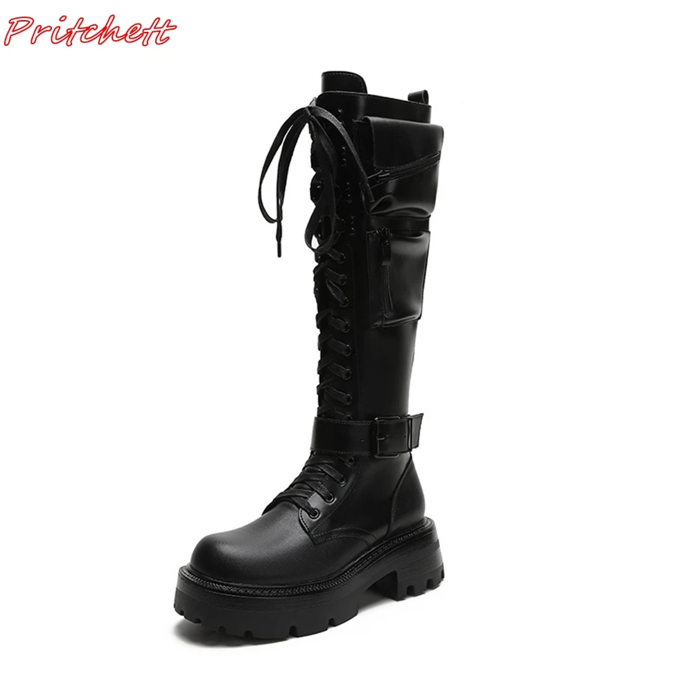 Black Thick Sole High Boots Women Side Zipper Cross Tied Knee Leather Boots Street Style Round Toe Flats Autumn Winter Boots