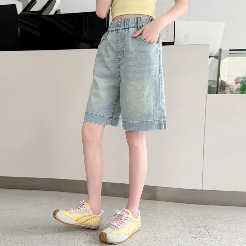 سليم صالح الاطفال الدنيم السراويل الجيب الخلفي مع القوس للمراهقات عارضة الصيف السراويل الأطفال بارد الشارع الركبة عارضة السراويل #5