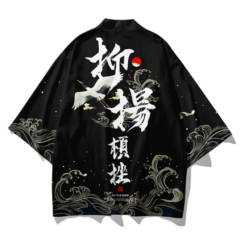 Kanagawa Wave Crane Print Haori Kimono Harajuku Japanese Style Men Samurai Costume Yukata Asian Clothes Cardigan Women Jacket