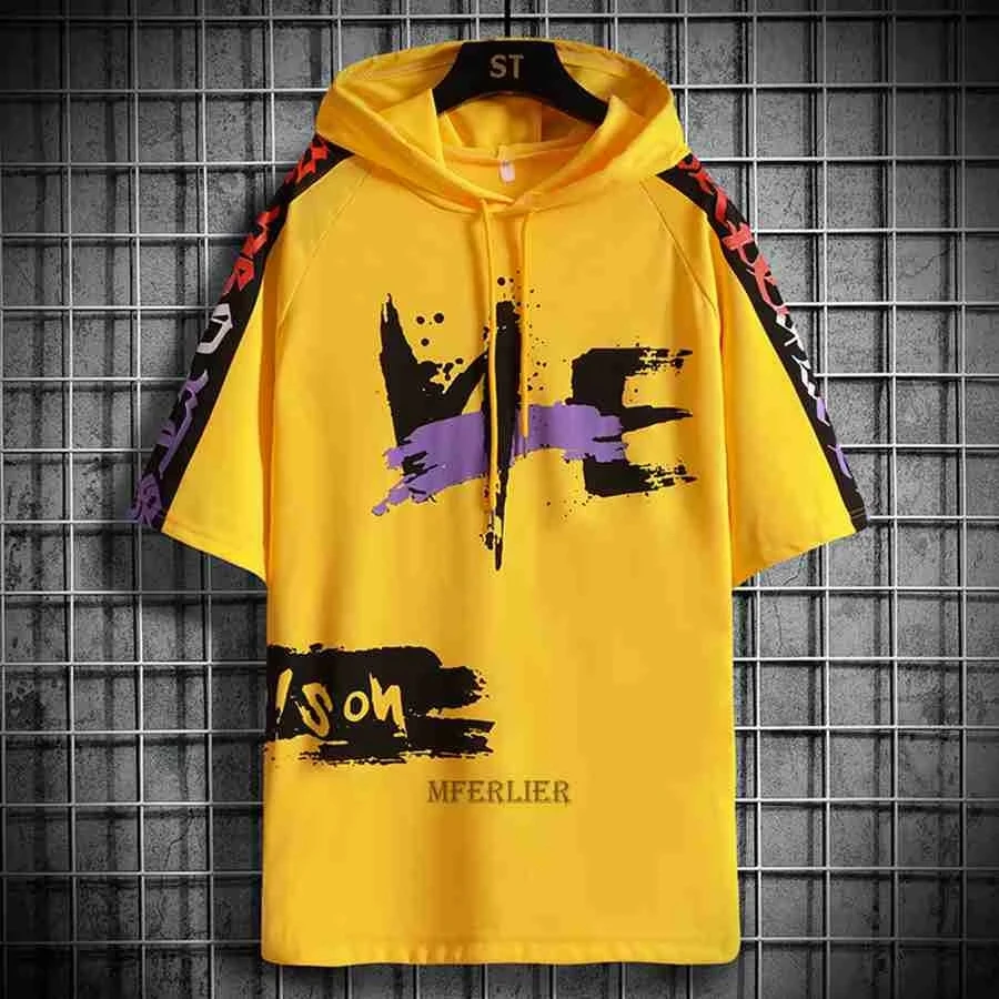 summer men japan style tshirt short sleeve hooded athflow sports tees high street plus size 8XL letter cartoon skateboard tops