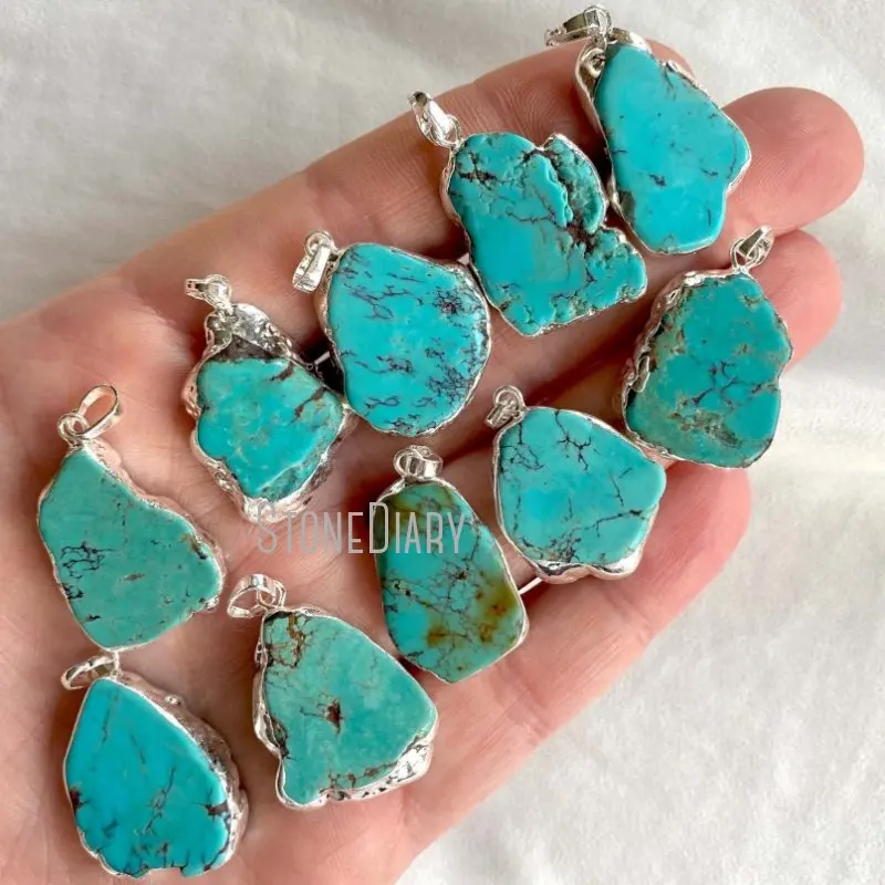 

PM42086 Natural Gemstone Green Turquoise Pendant Free Form Silver Plated Pendant Irregular Turquoise Bohemian Boho Jewelry
