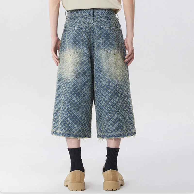 Men's Jacquard Calf-Length Jeans American Casual Fashion Loose Streetwear Summer Blue Wide Leg Distressed Fringed Denim Pants