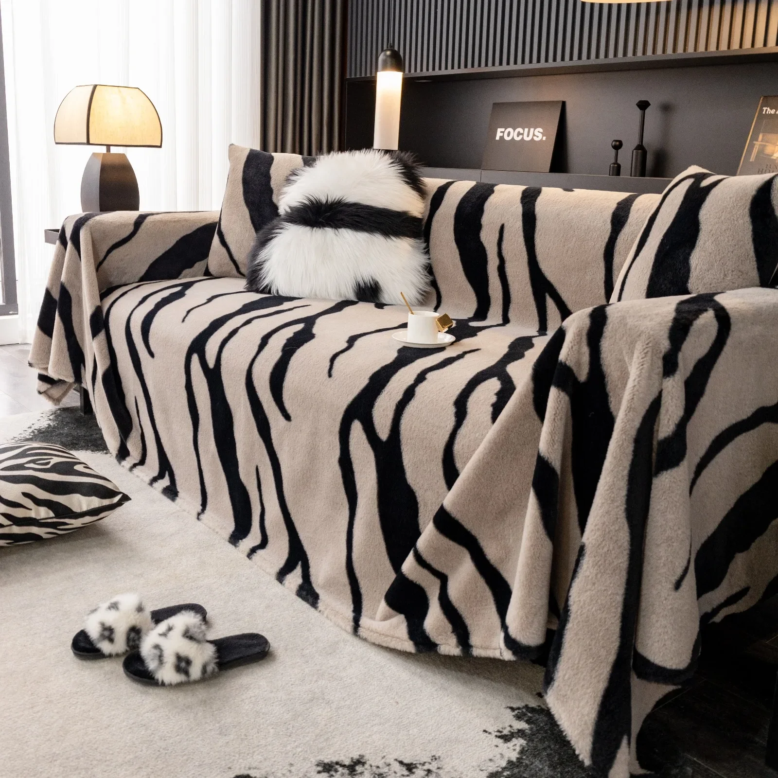 Zebra Print Sofa Knitted Cover Blanket Half Side Velvet Nap Plush Blanket Bed Decoration Bed End Towel Soft Plush Blanket