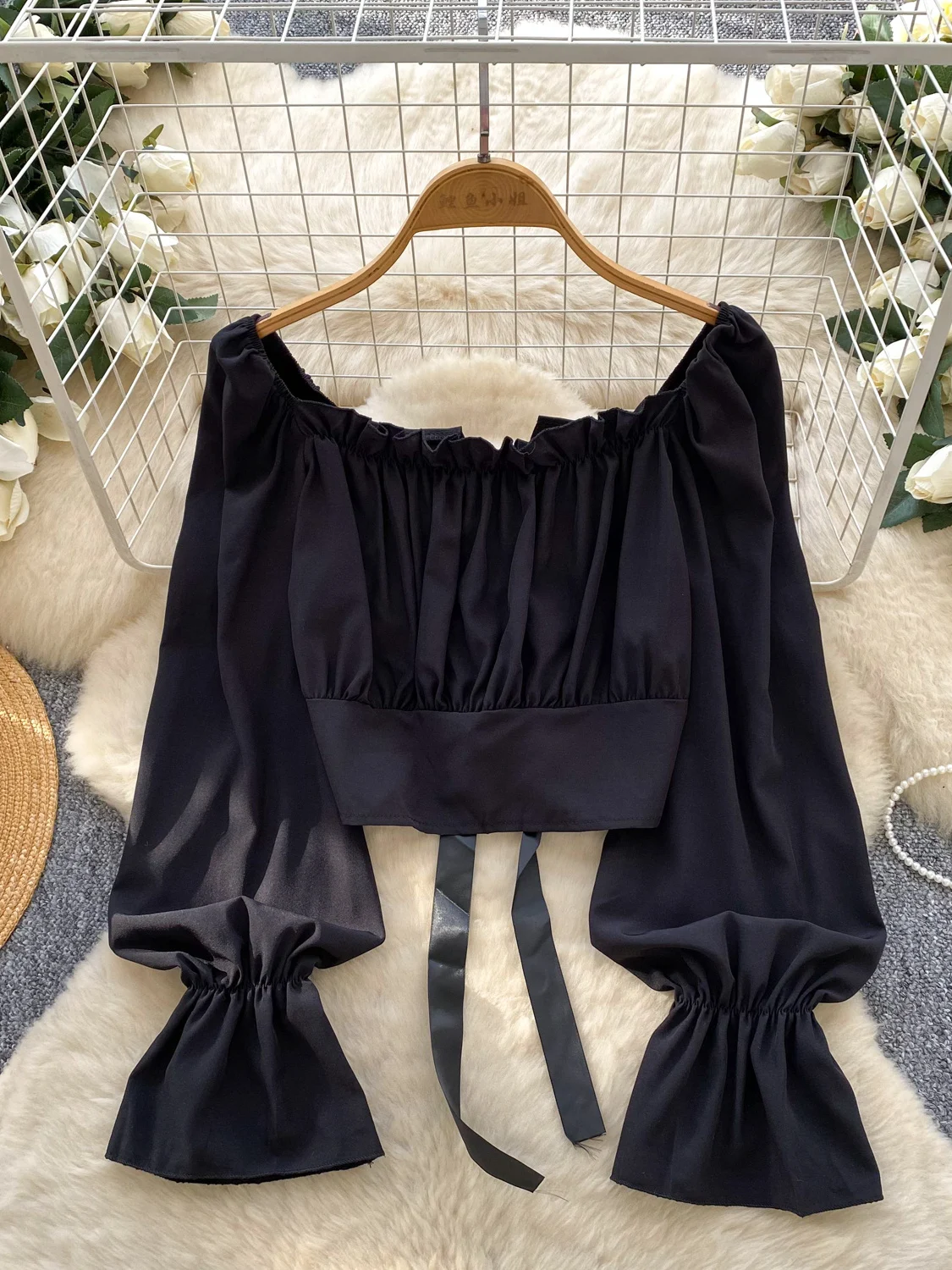 

Женские черные готические рубашки, укороченные блузки с пышными рукавами, винтажная элегантная рубашка с длинными рукавами на шнуровке 2000-х годов, весна-осень