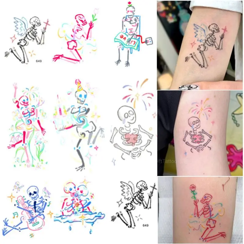 

Funny Linear Skull Temporary Tattoos Cartoon Wacky Transfer Tattoo Body Art Tatto Waterproof Fake Tatoo Sticker for Woman Men