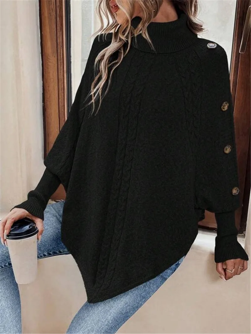 

Streetwear Pullover Women Personality Top New Autumn Winter Women's Twisted Sweater Turtleneck Button Bat-sleeve Design Sense