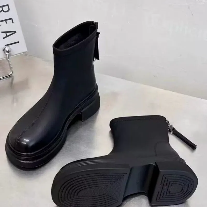 Botas de tornozelo redondo preto para mulheres, bota plataforma, salto de bloco, estiramento, sapatos monocromáticos, outono, inverno, 2024