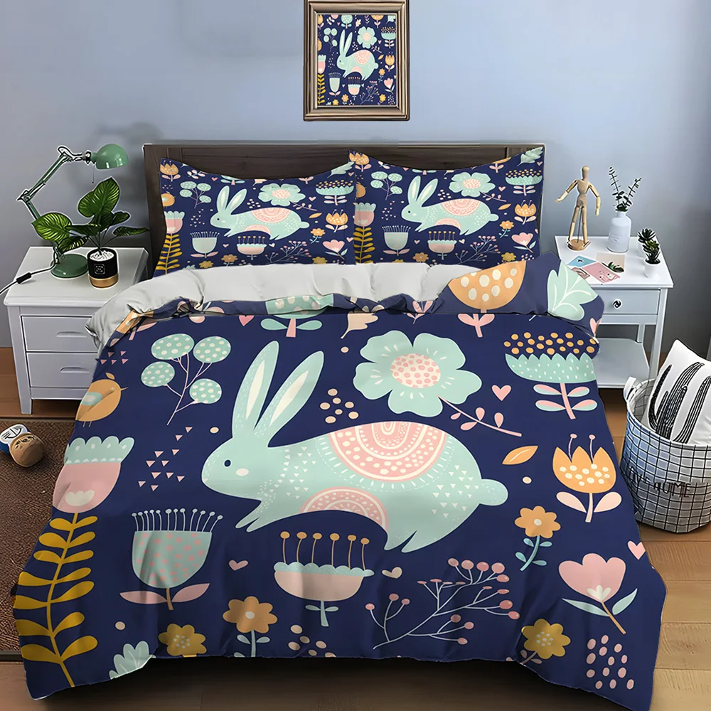 Cute Hand-Drawn Rabbit and Floral Pattern Bedding Set 1 Duvet Cover 2 Pillowcases for Adult and Children Luxury Gift Full Size