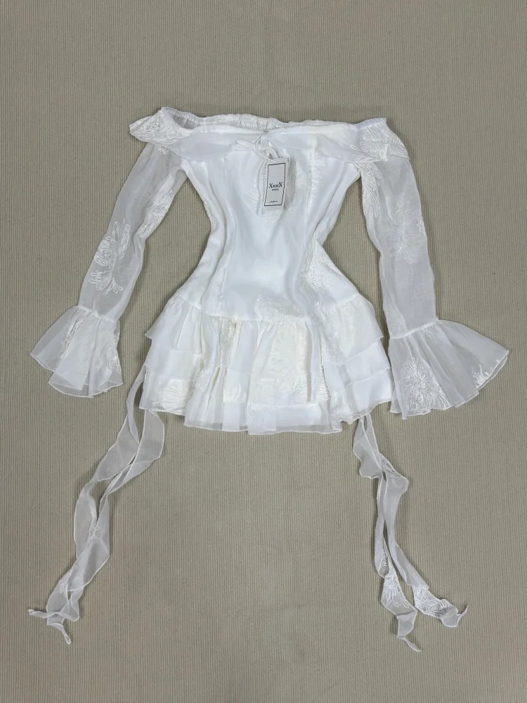 

French Elegant Ruffle Design Short Dress Women Off Shoulder Sexy Long Sleeve Slim Dress Summer Korea Flowing Ribbon Cake Dress