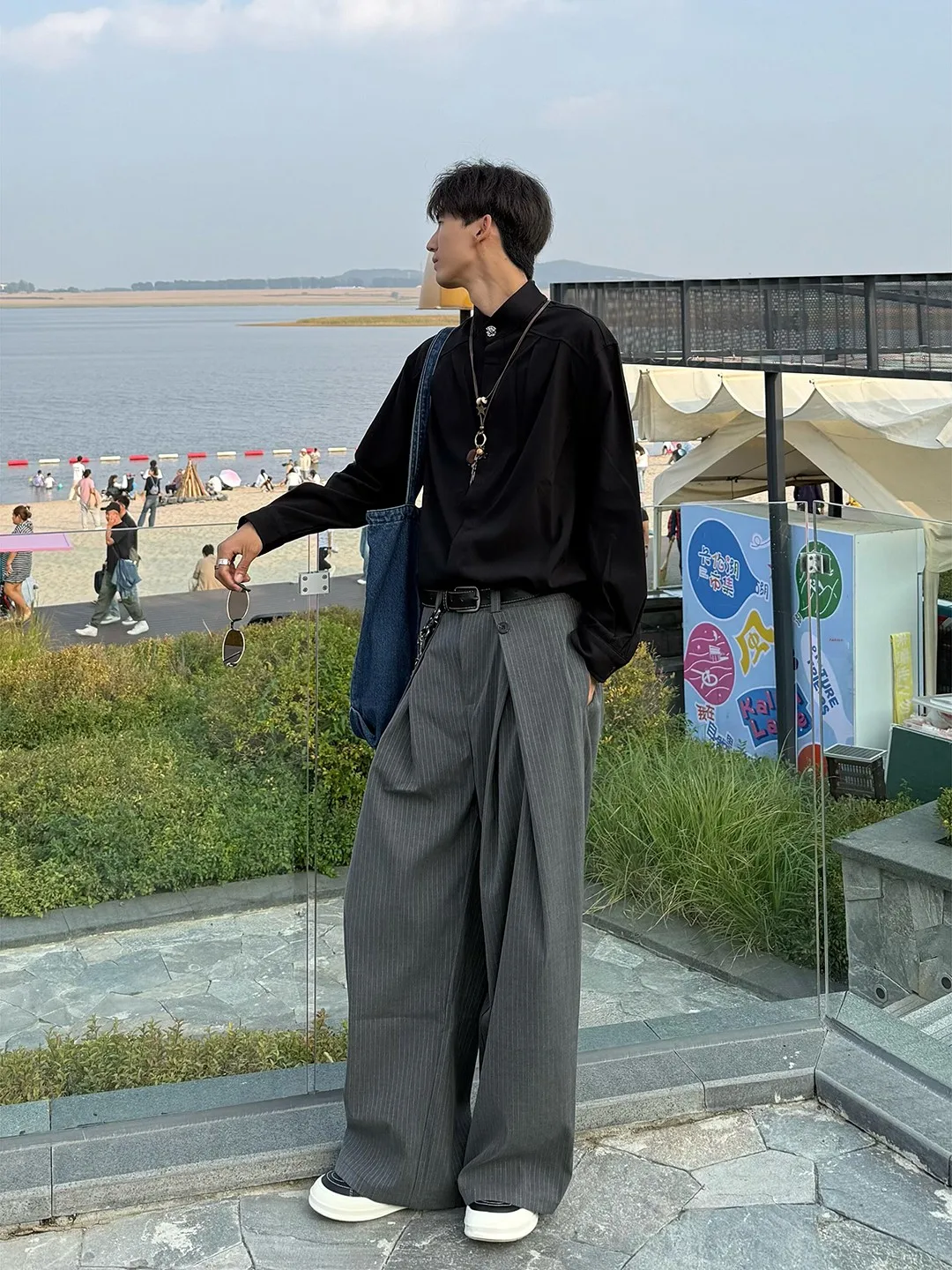 

ay Stripe Men's Wide Leg Pants Loose Fit Casual Sle Korean Version A-Line Trousers Autumn Faion Polyester Fiber