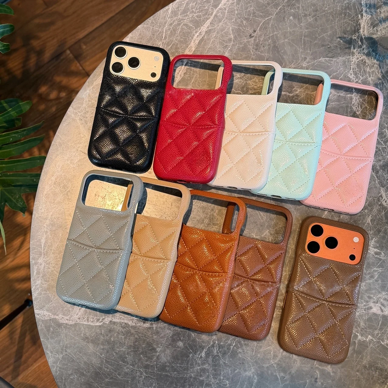 

Fashion Caviar Quilted Lychee Texture Leather PU Card Holder Wallet Phone Case For iPhone 17 16 15 14 17 Pro Max Hard Back Cover