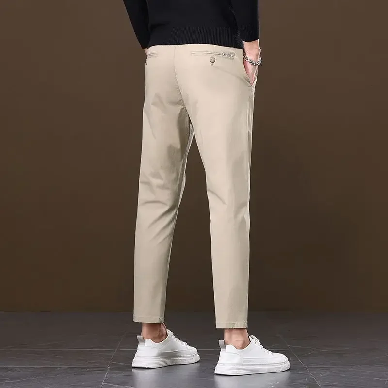 

Autumn Mid Cropped Pants Men Pure Cotton Slim Straight Korean Chic All-match Solid Color Business Straight Trousers JJ335