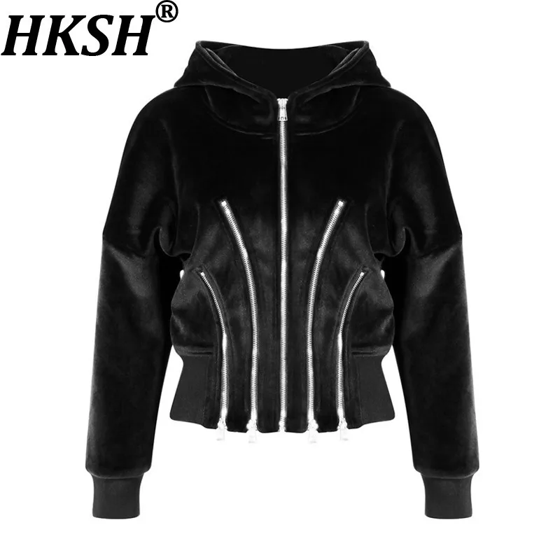 HKSH 2025 осень-зима новая женская толстовка бархатная с капюшоном на молнии на талии темное элегантное уличное модное пальто HK15814