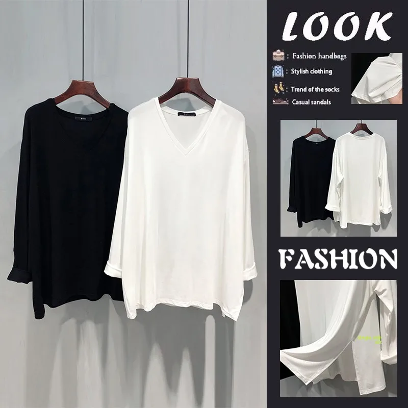 

Versatile Long Sleeve V-Neck Mid-Length T-Shirt Women's Early Autumn Pure Color Commute Style Loose Fit Inner Wear Top