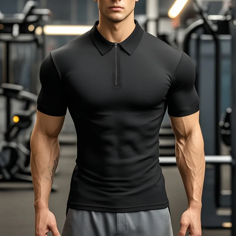Einfarbige Kompressions-Tight-Fit-Shirts aus Milchseide, Sommer-Schnelltrocknende Kurzarm-Poloshirts für Fitness, Training und Bodybuilding