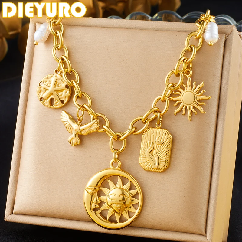 DIEYURO 316L Stainless Steel Pearl Golden Sun Moon Round Pendant Necklace For Women New Trend Fashion Neck Chain Jewelry Gift