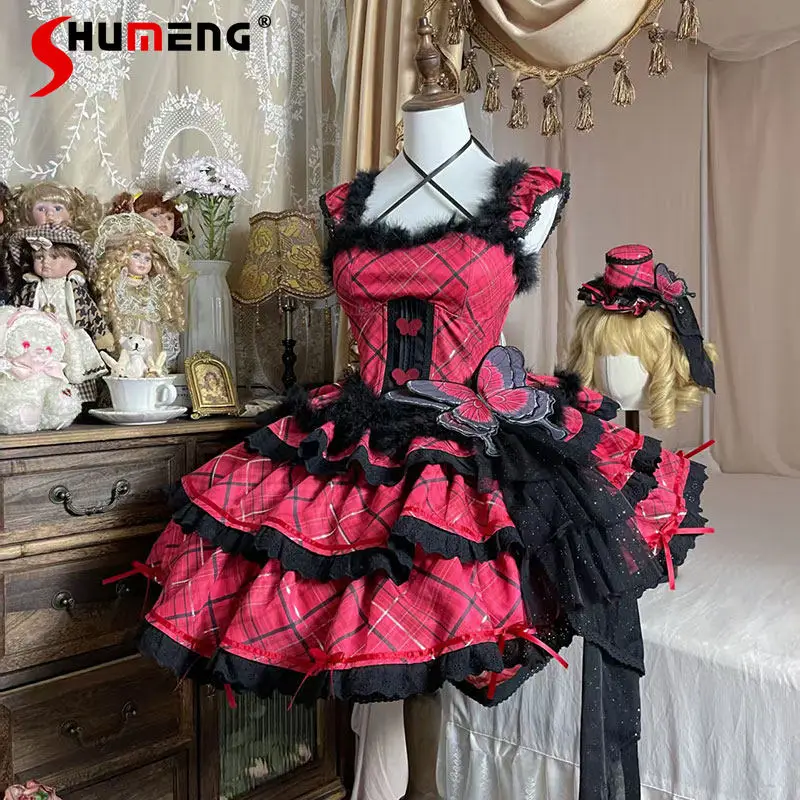 

Lolita Gothic Sweet Cool Girls Fashion Dress Jsk, New Spring-summer Slim-fit Plaid Short Dress for Women Cosplay Party Dresses