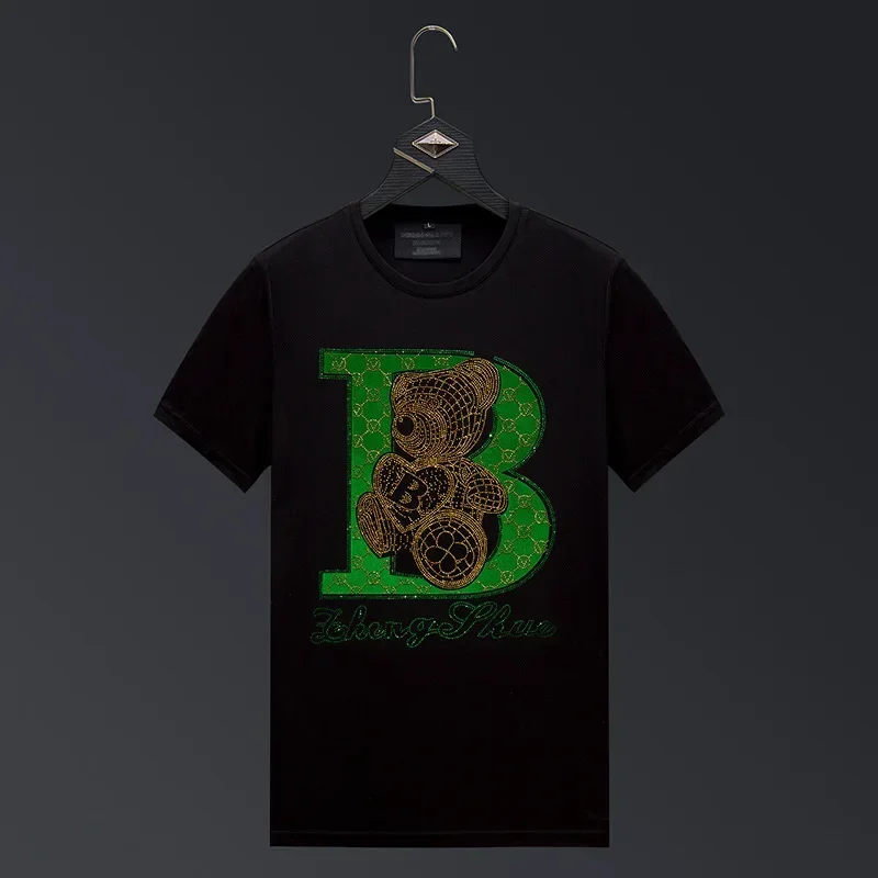 

Letter Bear Rhinestones T Shirts Men Summer Clothes Fashion Streetwear O Neck Short Sleeve Thin Cool Elastic Cotton T-shirts