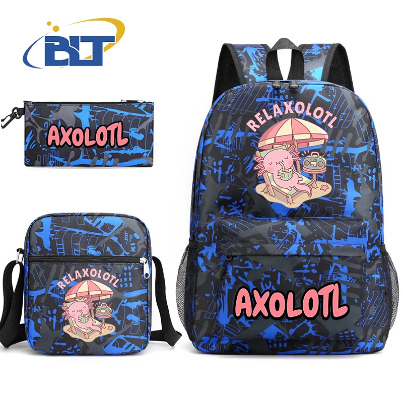 Cute Axolotl printed student school bag set youth backpack shoulder bag pencil case 3-piece set kids back-to-school gift