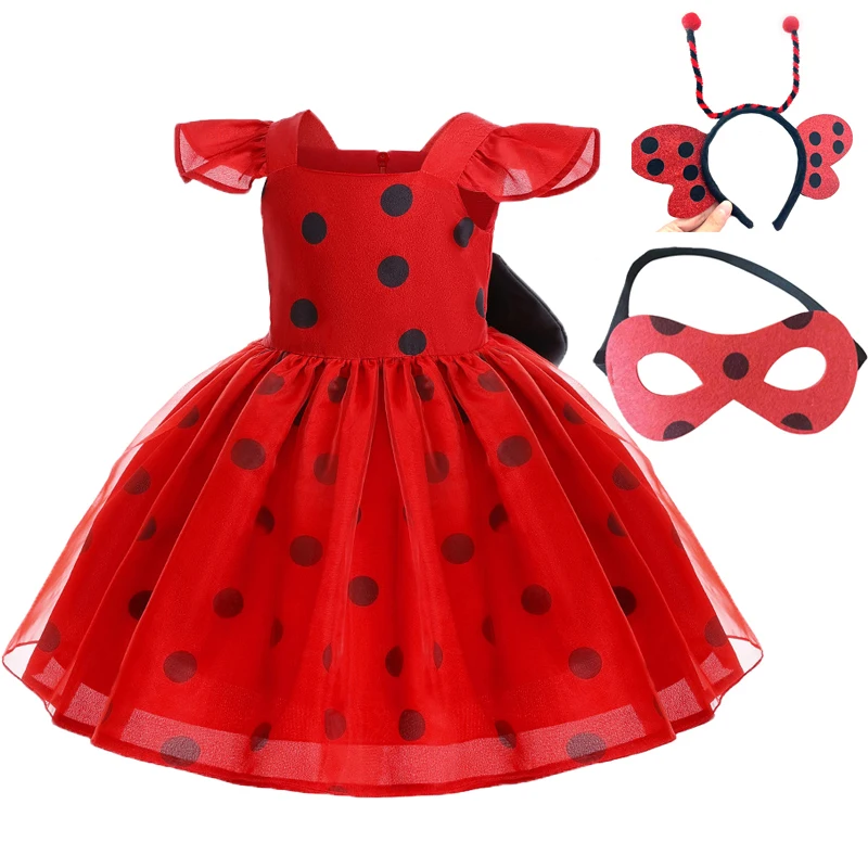 Halloween Cosplay Girls Dress Round Dot Bow Decoration Mesh Princess Dress For 1-6 Years Baby Girls Birthday Party Evening Dress