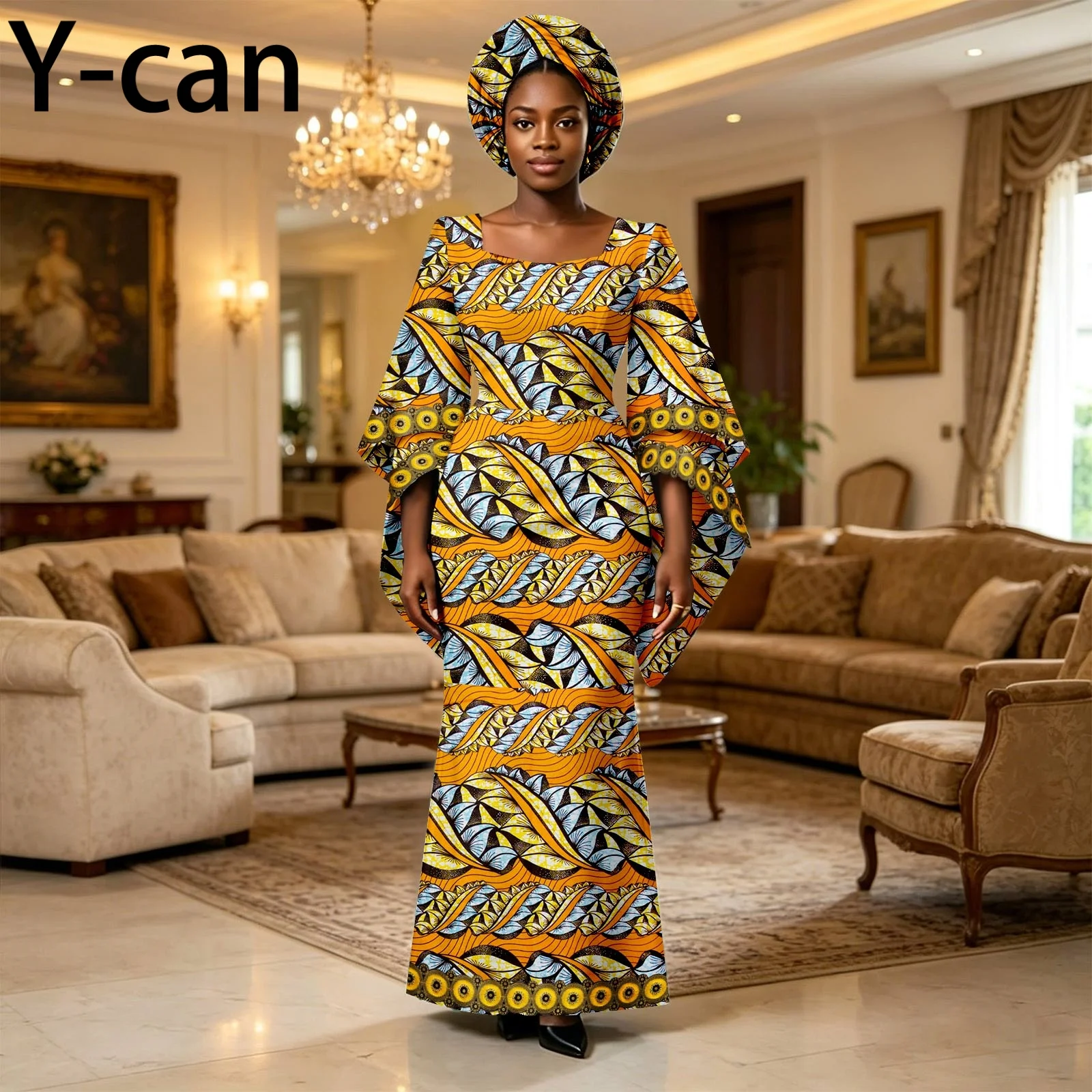 African Woman Dresses Luxury Ankara Print Square Collar Double-layer Sleeves Dress With Headwrap for Wedding Evening 2625116