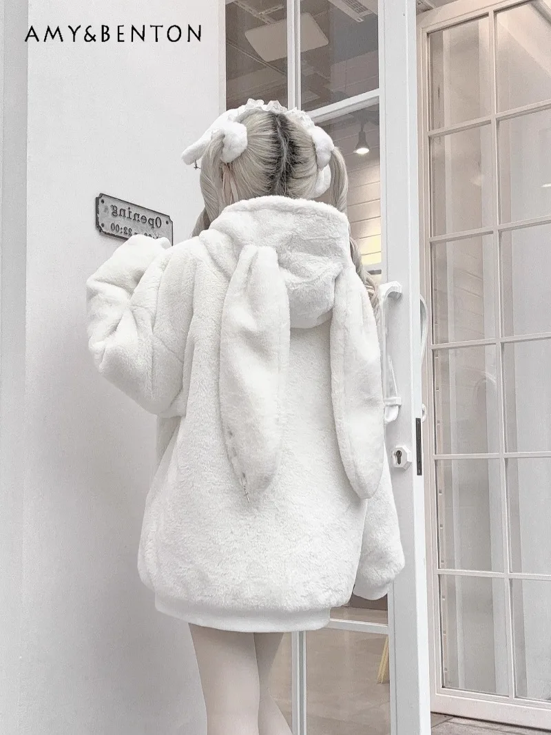 

Новинка зимы 2025 года, милое утепленное плюшевое пальто с высоким воротником и заячьими ушками, теплое меховое пальто средней длины на молнии для женщин