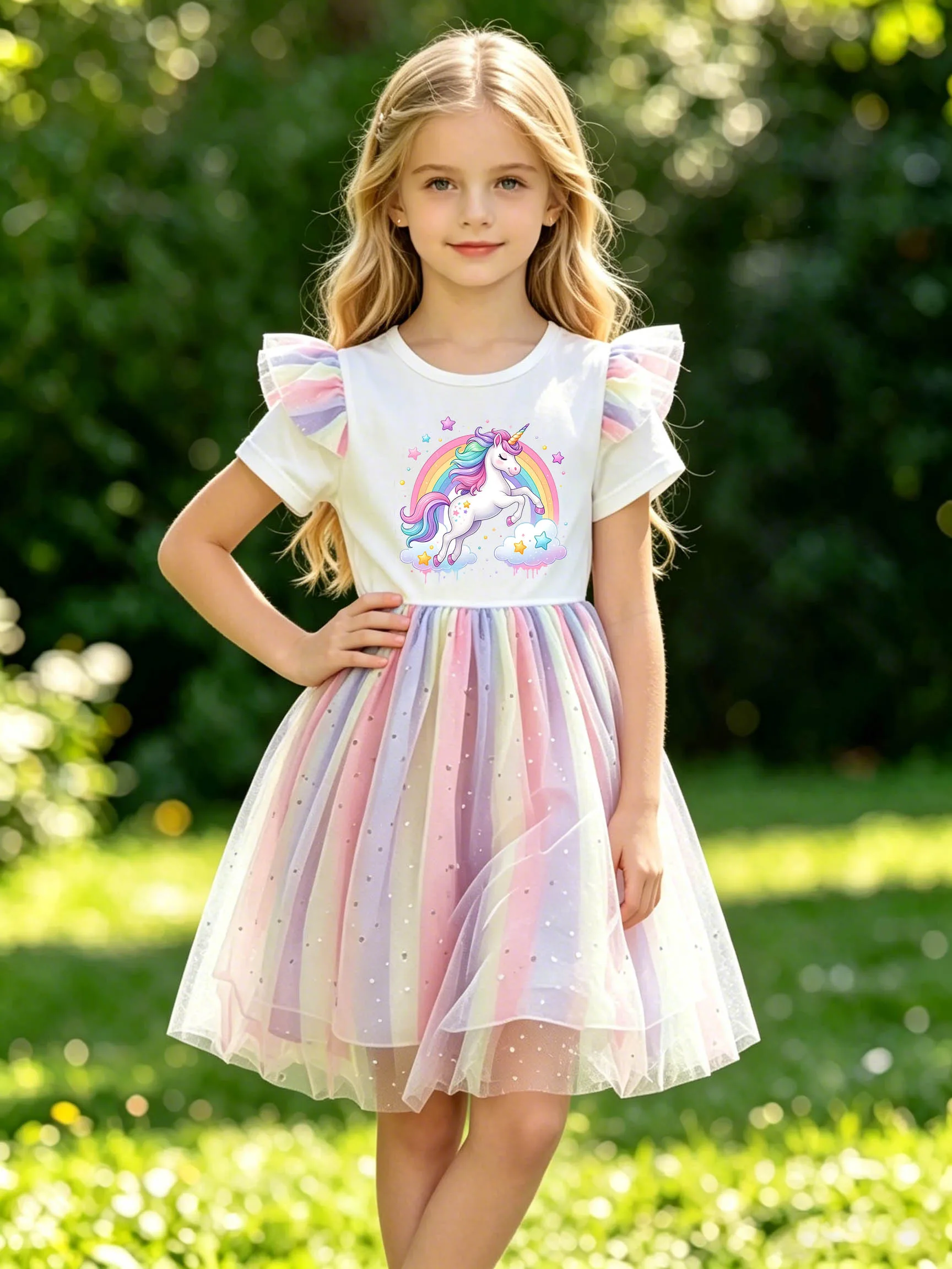 Little Girls' Rainbow Cloud Unicorn Flutter Sleeve Dress, Summer Sequined Gradient Tulle Puffy Princess Skirt