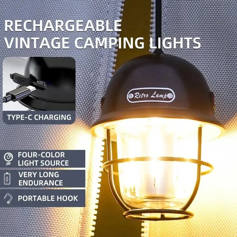 Portable Camping Lamp Retro Hanging Tent Lamp Stepless Dimming Camping Light LED Waterproof Rechargeable Emergency Light 1200mAh