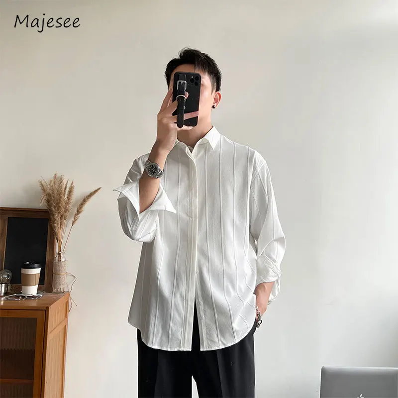 

Shirts Men Casual Loose Spring Streetwear Long Sleeve Solid Fashion Korean Style All-match Outerwear Advanced Vertical Draped