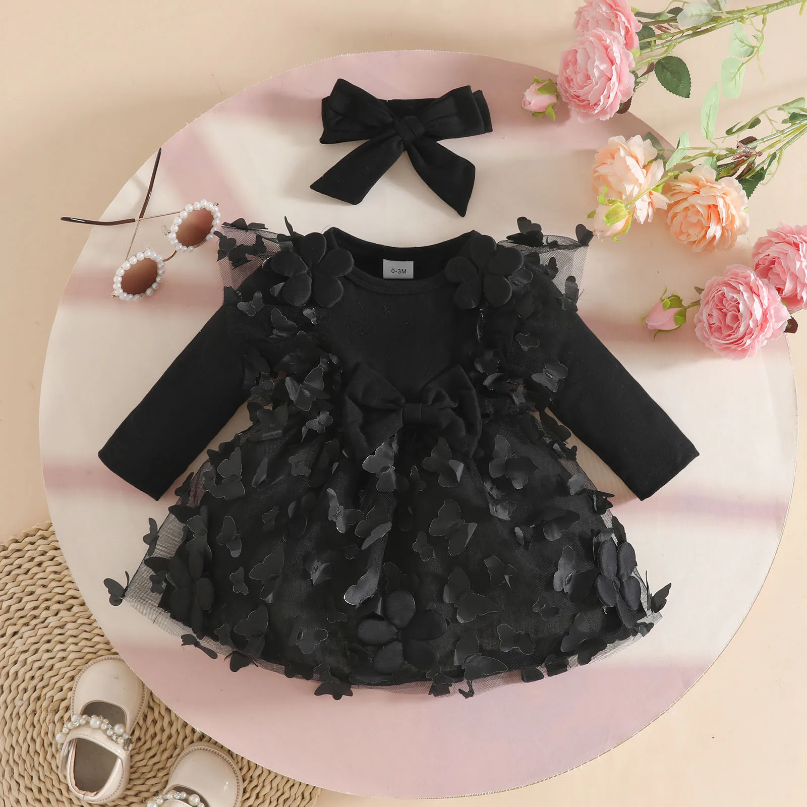 

Toddler Baby Flower Girls Princess Dress Long Sleeves Floral Bow Tulle Tutu Dresses with Headband Wedding Birthday Party Gown