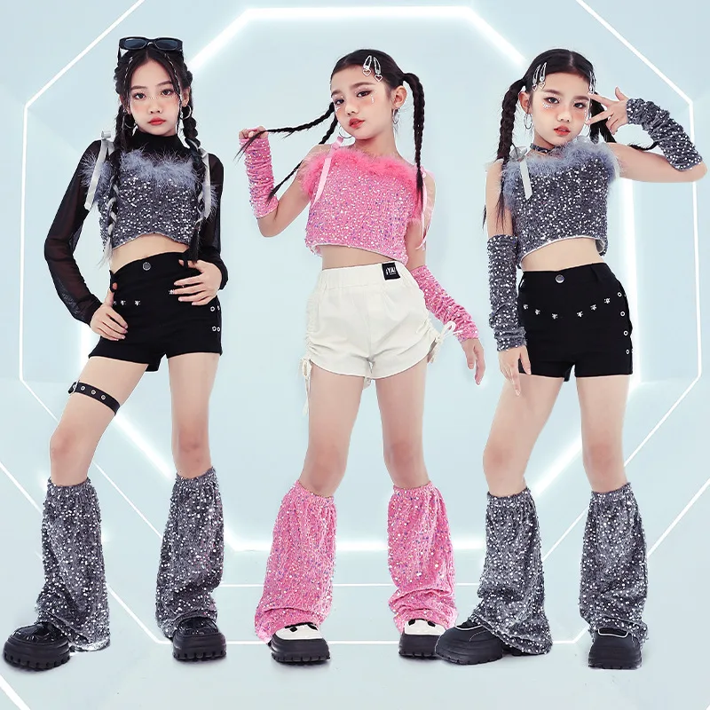 핑크 그레이 스팽글 탱크 크롭탑 메쉬 티셔츠, 블랙 슬림 반바지, 다리 워머, 소녀 댄스 의상