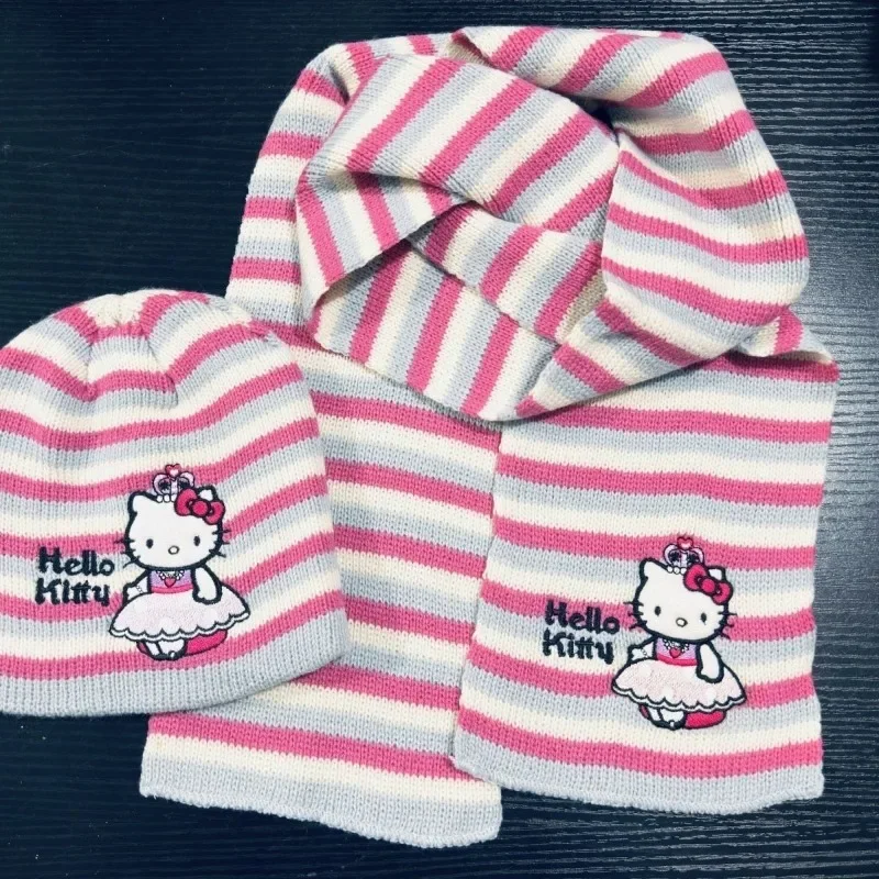 Hello Kitty Kawaii creative striped girly heart children's hat scarf winter outdoor warm and cold high-value set holiday gift