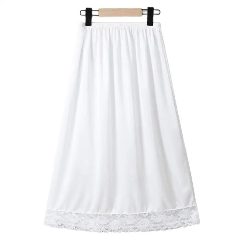 652F Women Half Slip Underskirt Lace Trim Ice Silk Long Skirt Under Dress Petticoat