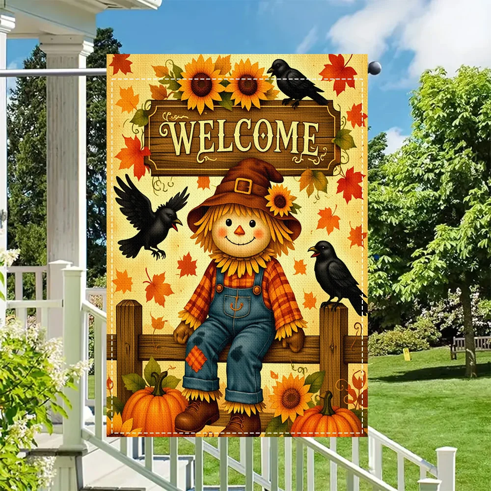 1PC Fall Scarecrow Welcome Garden Flag, Reversible Print, Fall Sunflower and Pumpkin Decorative Patio, Seasonal Outdoor Decorati