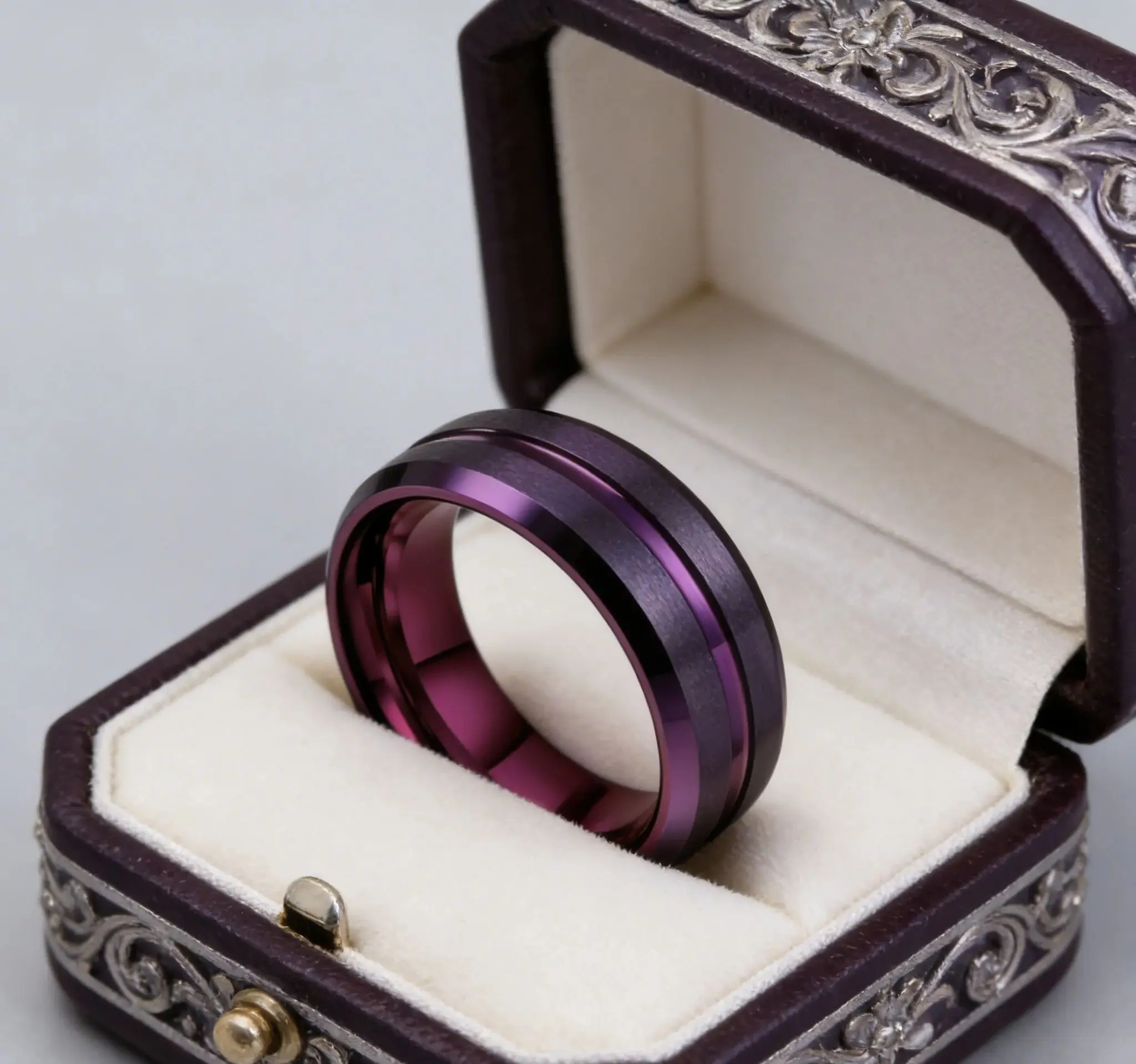 Classic Stainless Steel Men's Ring Purple Bevel Edge Slotted Design Fashion Jewelry Accessory Gift Sizes 6-13