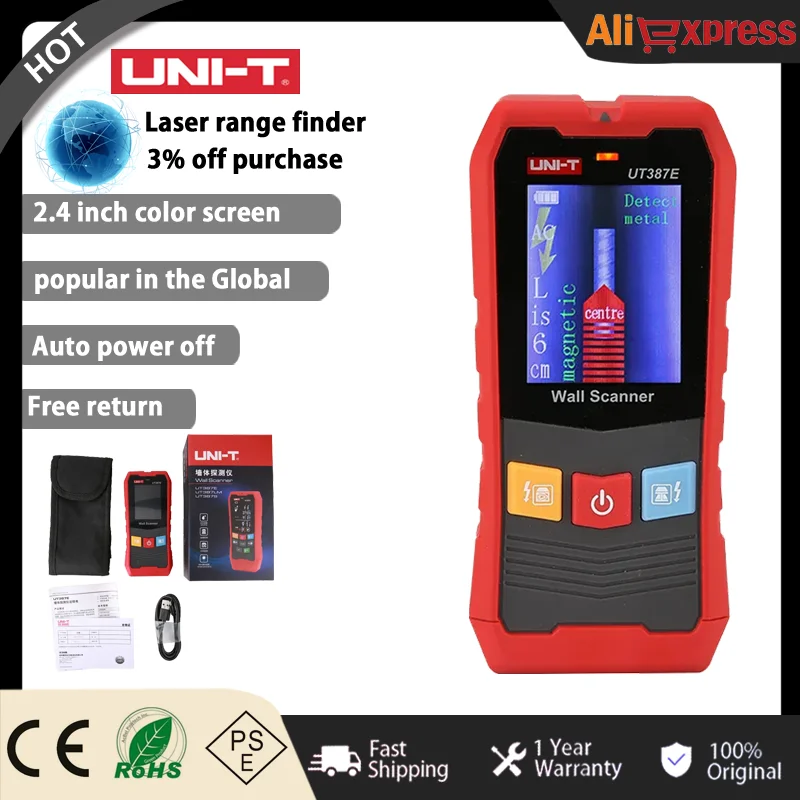 

UNI-T Wall Scanner UT387E UT387S UT387LM 4 In 1 Metal Detector Wood Stud Finder AC Voltage Live Cable Wires Depth Tracker