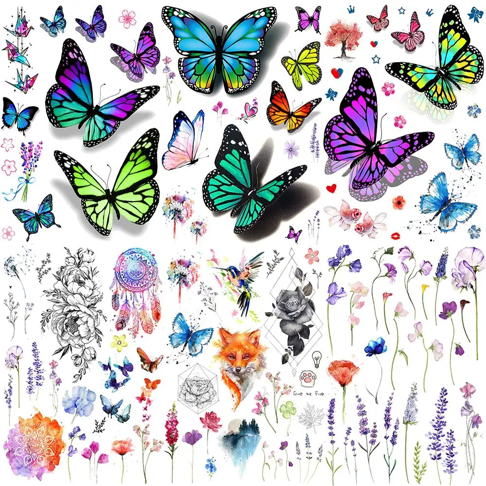 3D Butterfly Lavender Flower Temporary Tattoos For Women Adults Realistic Fox Rose Flower Tatoos Sticker Sexy Body Art Tattoos