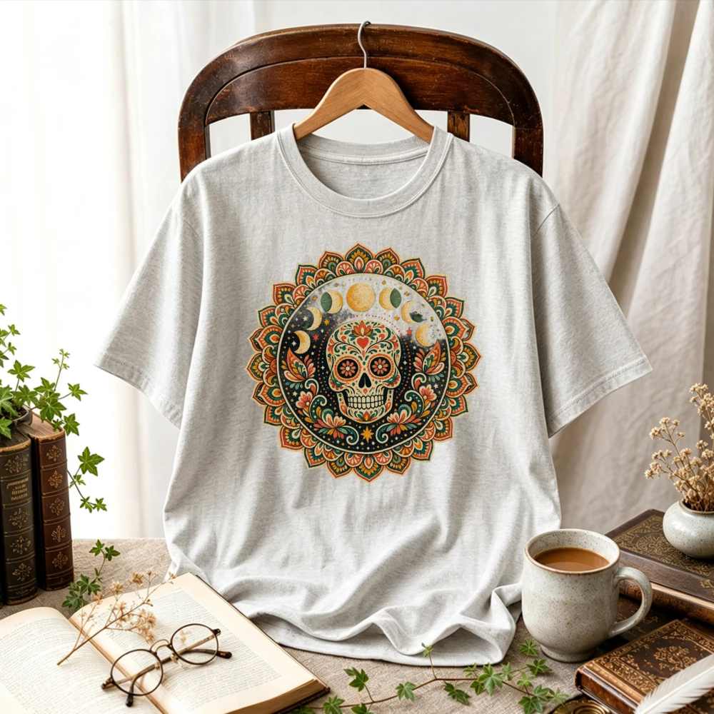 Dia De Los Muertos Sugar Skull Mandala Moon Phase Celestial Floral Mexican Folk Art Vintage Boho Graphic Cotton T‑Shirt Tops