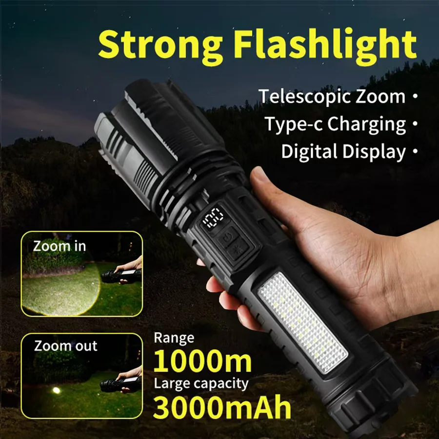 

Хайнаст светодиодные + COB фонари Type-C перезаряжаемый тактический фонарик с зумом 3000 мАч уличный масштабируемый тактический фонарь для самообороны